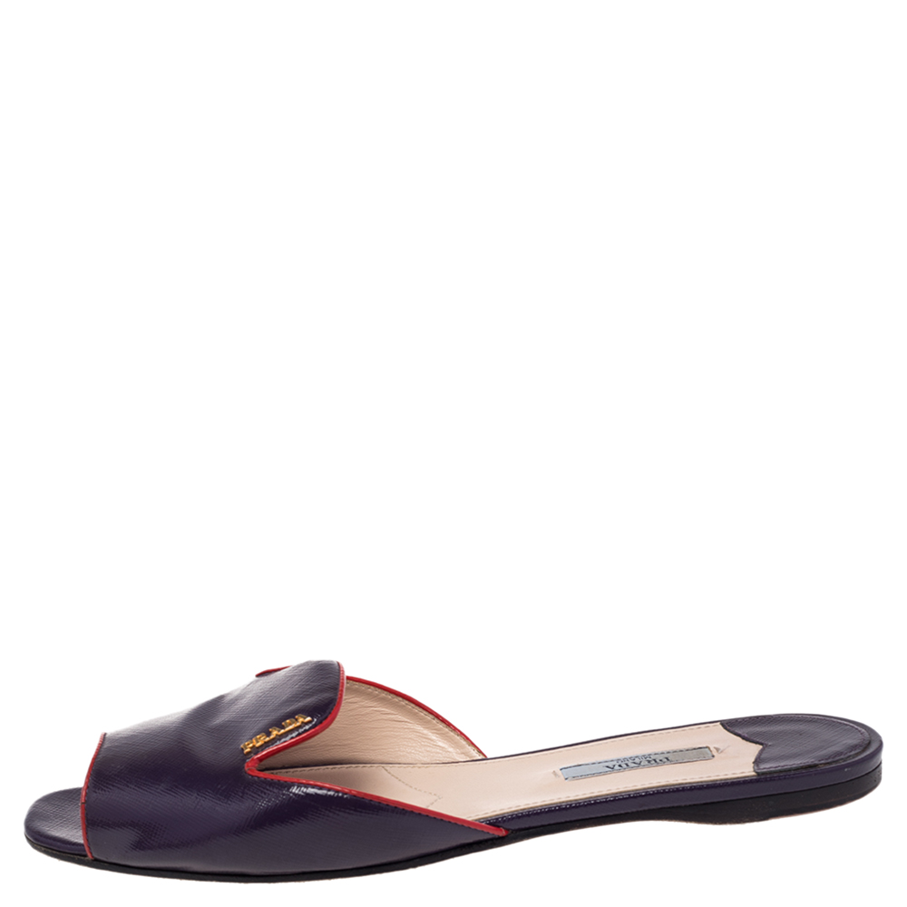

Prada Purple Saffiano Leather Logo Embellished Flat Slides Size