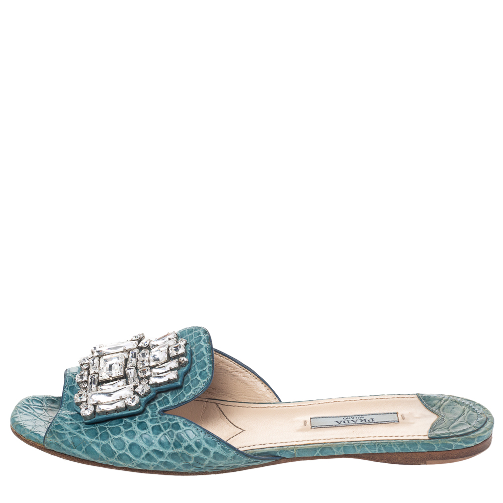 

Prada Aqua Blue Croc Embossed Leather Crystal Embellished Flat Slide Sandals Size