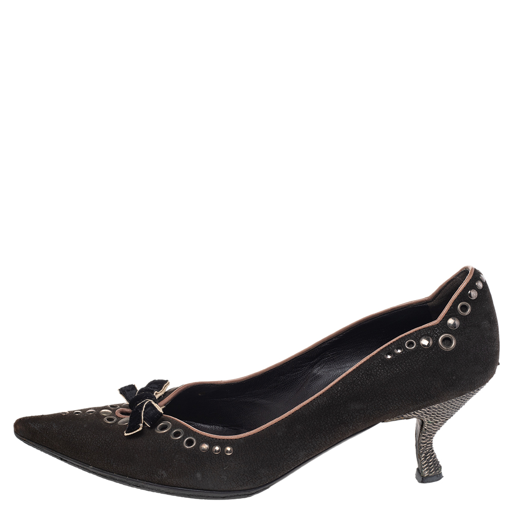 

Prada Brown Nubuck Leather Studded Pointed Toe Pumps Size