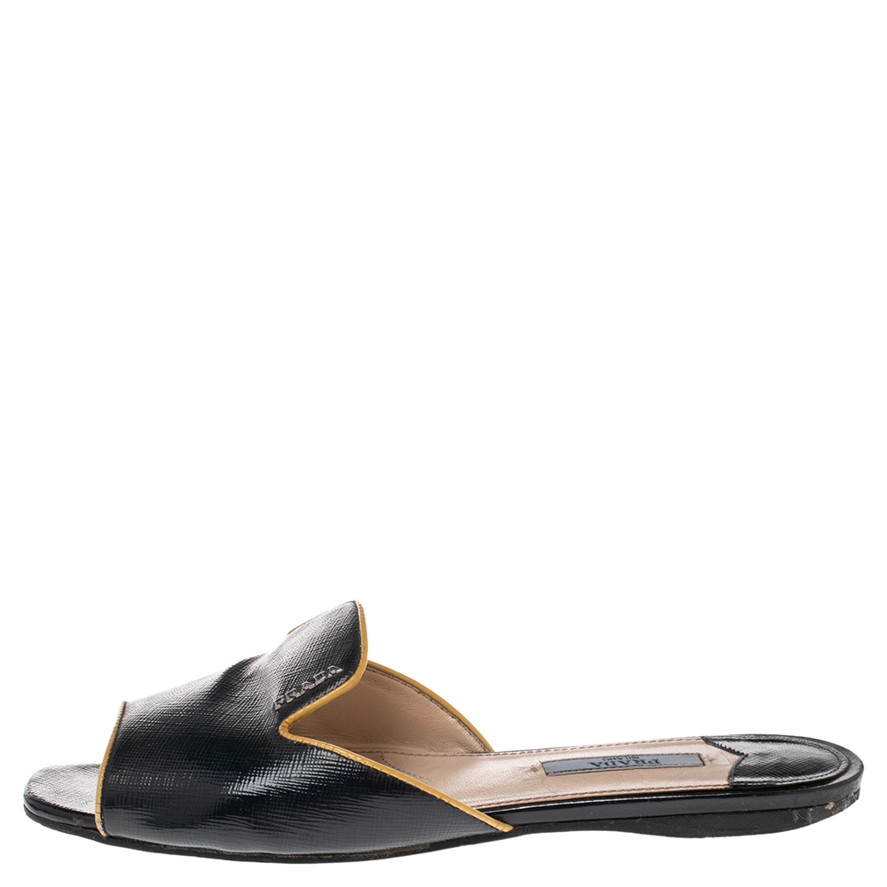 

Prada Navy Blue/Yellow Saffiano Patent Leather Slide Flats Size