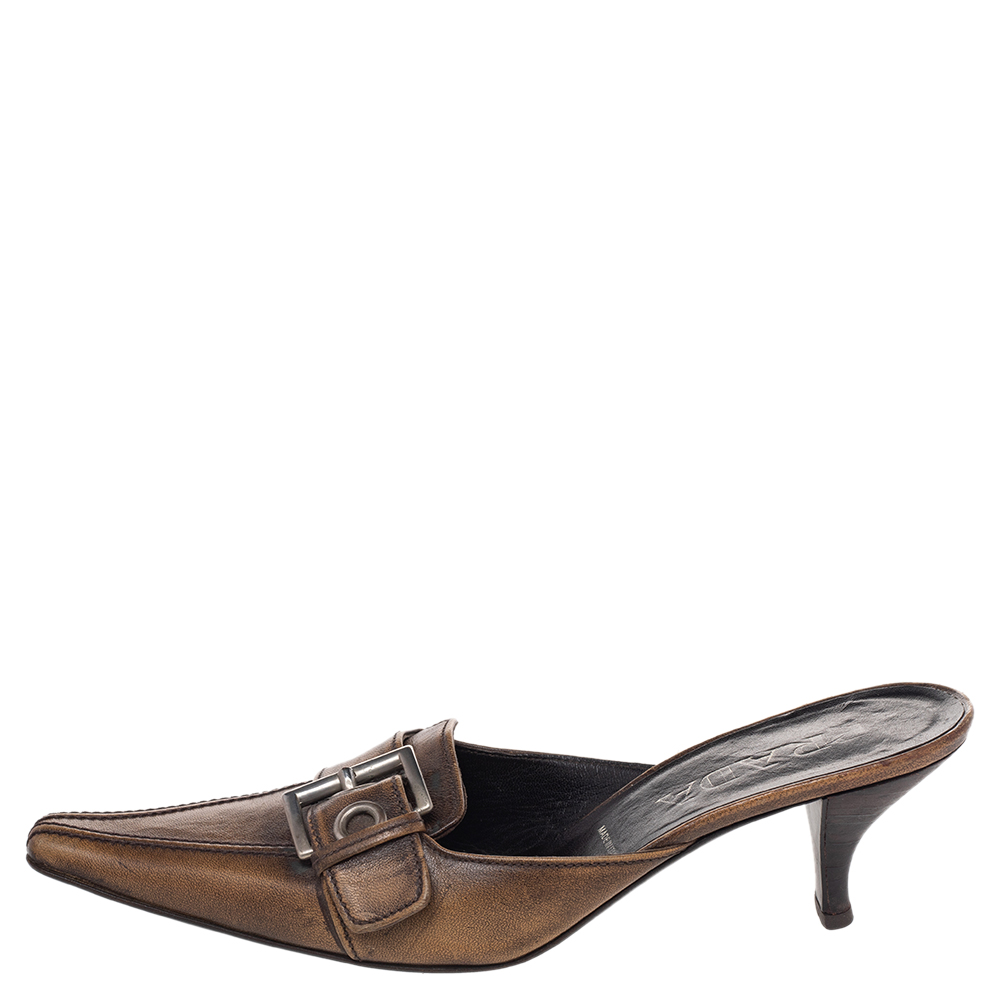 

Prada Brown Leather Buckle Mule Sandals Size