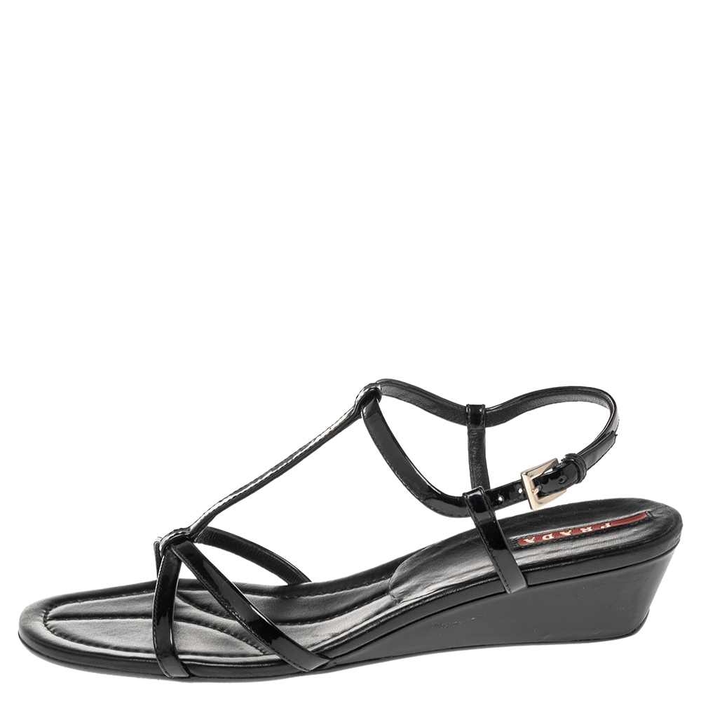 

Prada Black Patent Leather Open Toe T Strap Sandals Size