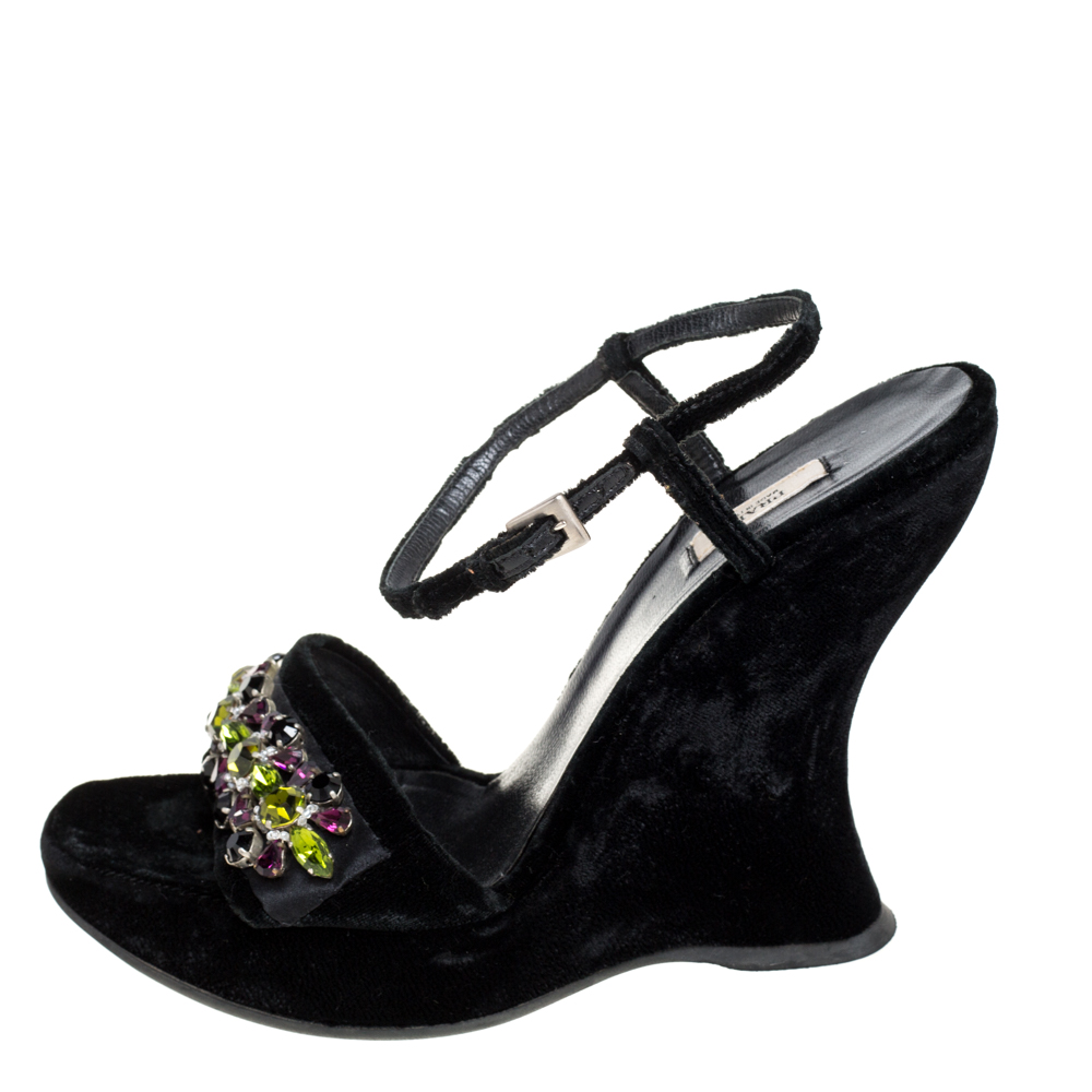 

Prada Black Velvet Crystal Embellished Open Toe Ankle Strap Sandals Size