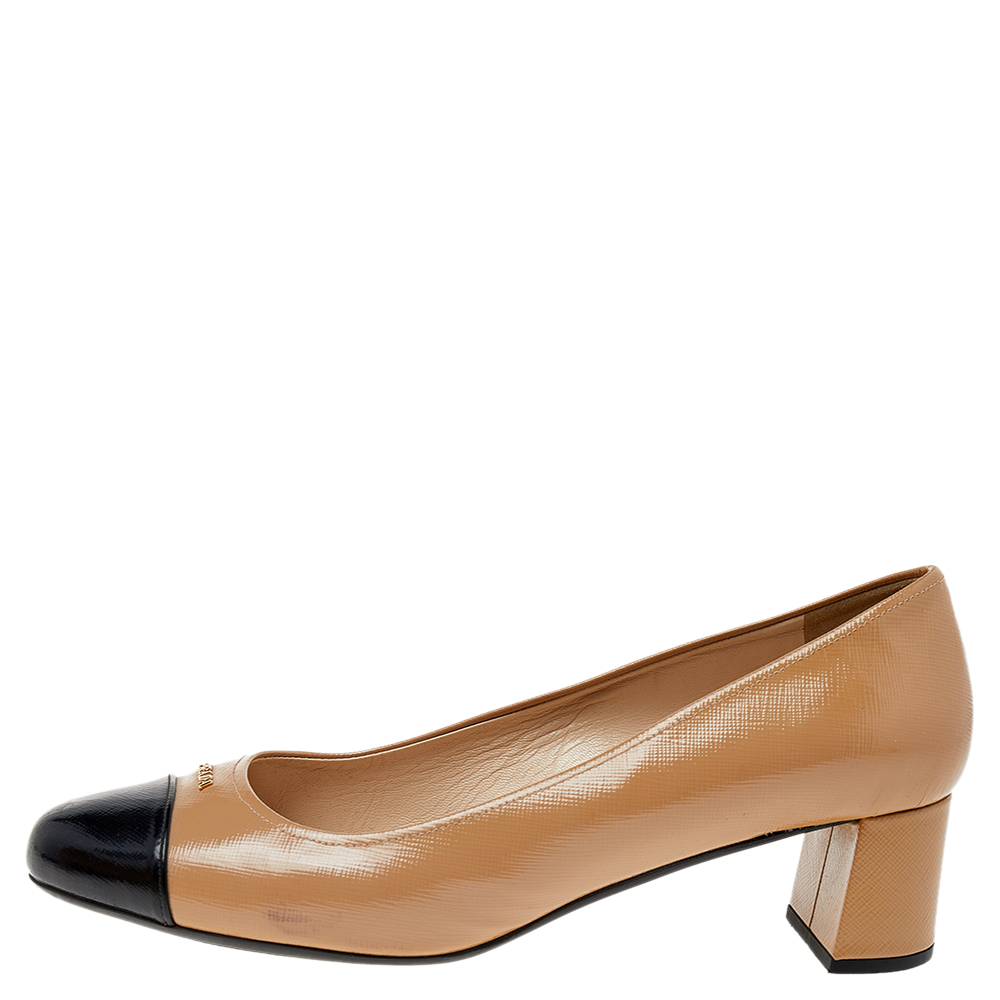 

Prada Beige/Black Saffiano Patent Leather Toe Cap Block Heel Pumps Size