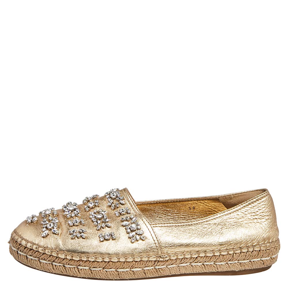 

Prada Gold Leather Crystal Embellished Espadrille Flats Size