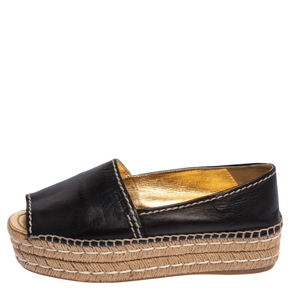 

Prada Black Leather Peep Toe Platform Espadrilles Flats Size