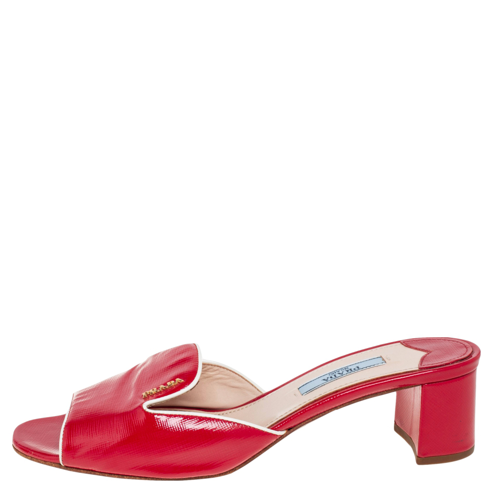 

Prada Red Patent Saffiano Leather Block Heel Slide Sandals Size