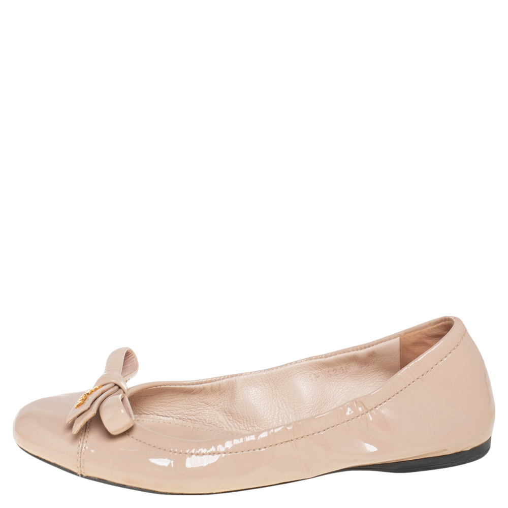 

Prada Beige Patent Leather Bow Cap Toe Ballet Flats Size