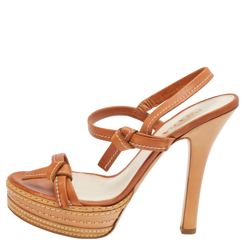 

Prada Tan Leather Platform Ankle Strap Sandals Size