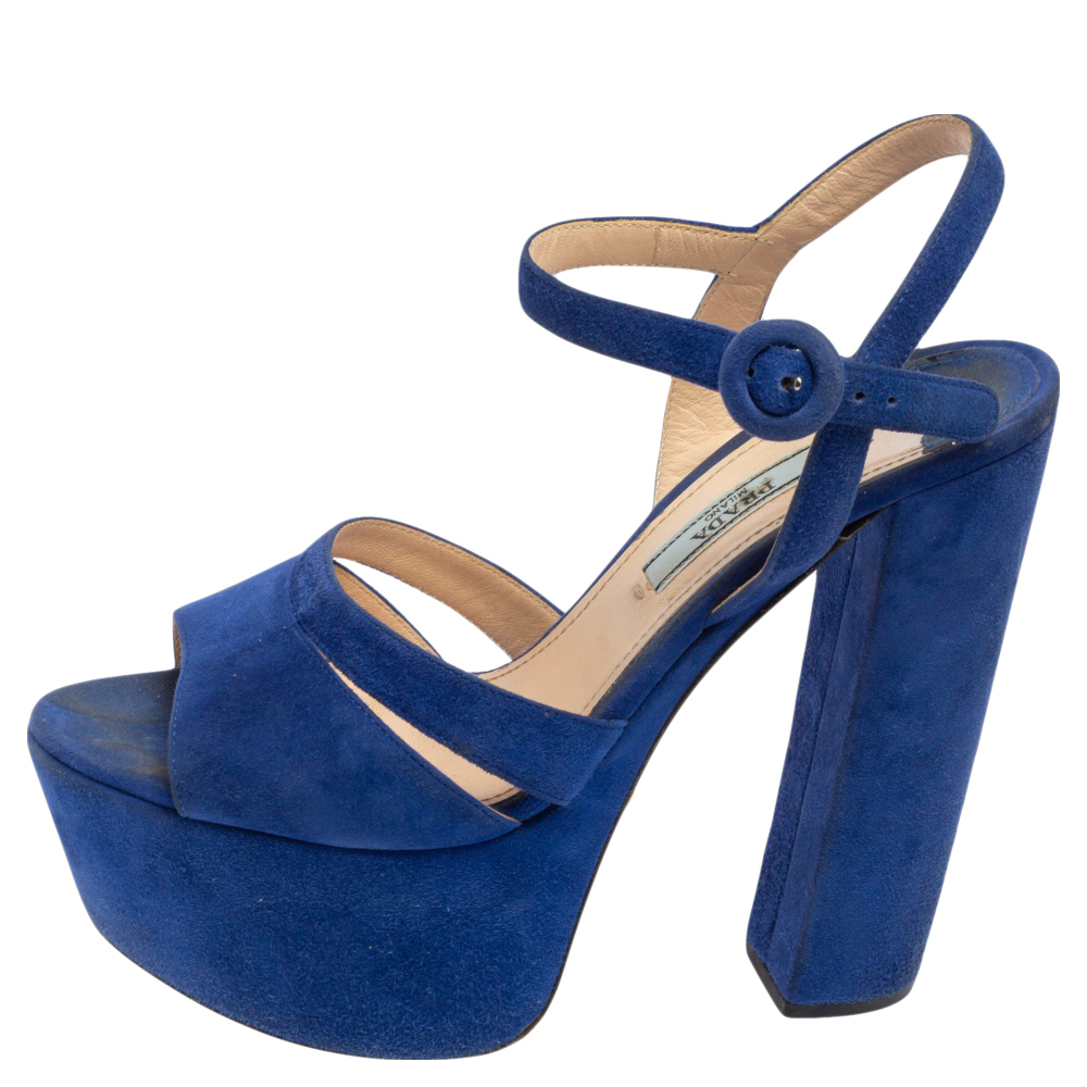 

Prada Blue Suede Platform Ankle Strap Sandals Size