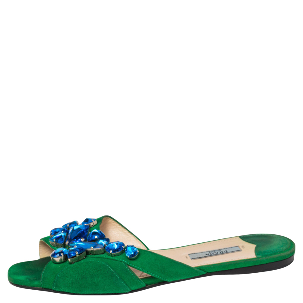 

Prada Green Suede Crystal Embellished Flat Sandals Size