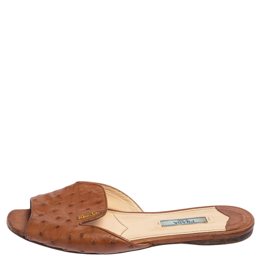 

Prada Brown Ostrich Leather Flat Sandals Size