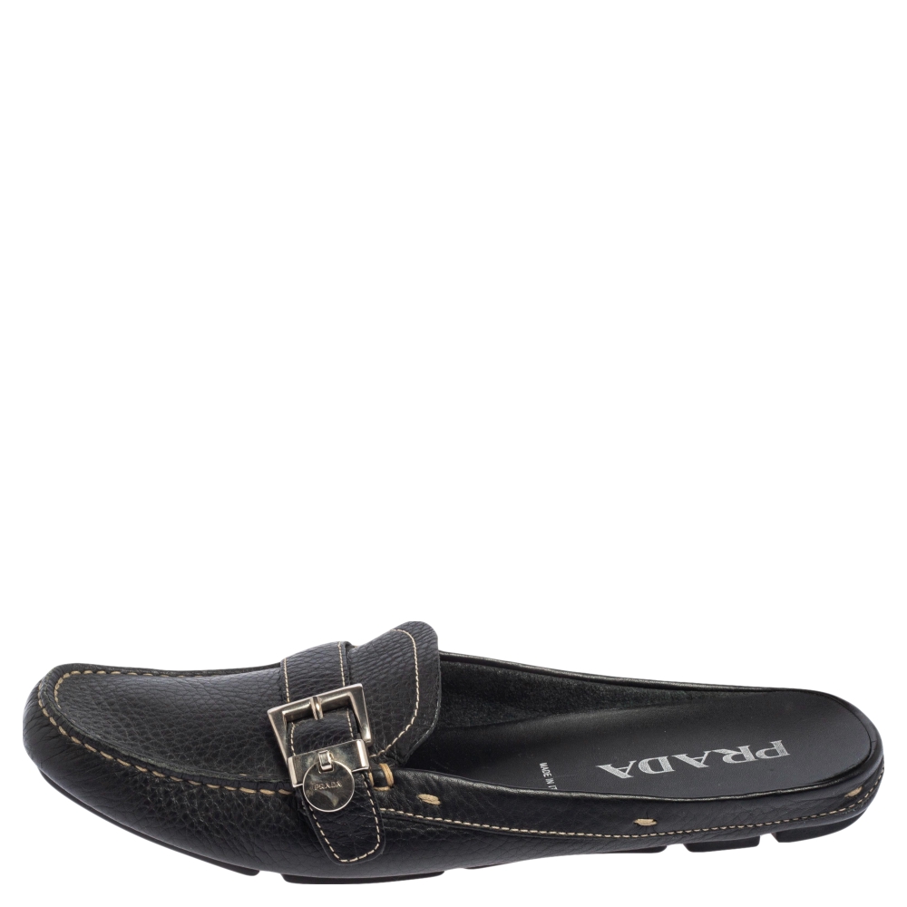 

Prada Black Grained Leather Loafer Flat Mules Size