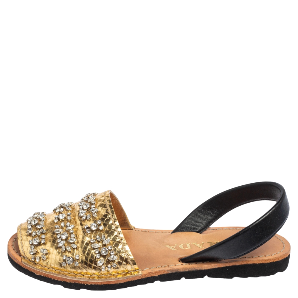 

Prada Gold Snake Embossed Leather Crystal Embellished Slingback Flat Sandals Size