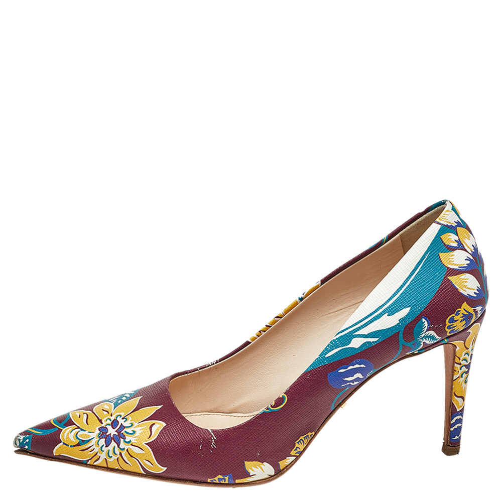 

Prada Burgundy Flower Print Leather Pointed Toe Pumps Size