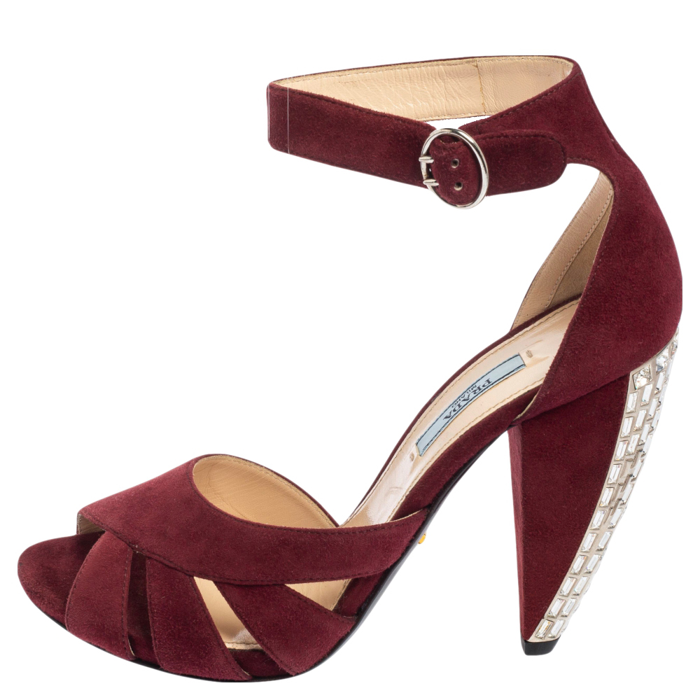 

Prada Maroon Suede Crystal Embellished Heel Peep Toe Ankle Strap Sandals Size, Burgundy