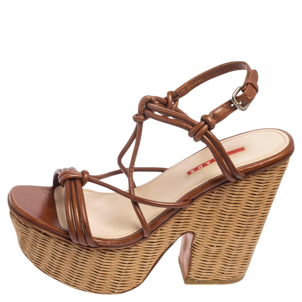 

Prada Sport Brown Leather and Woven Raffia Strappy Block Heel Platform Sandals Size