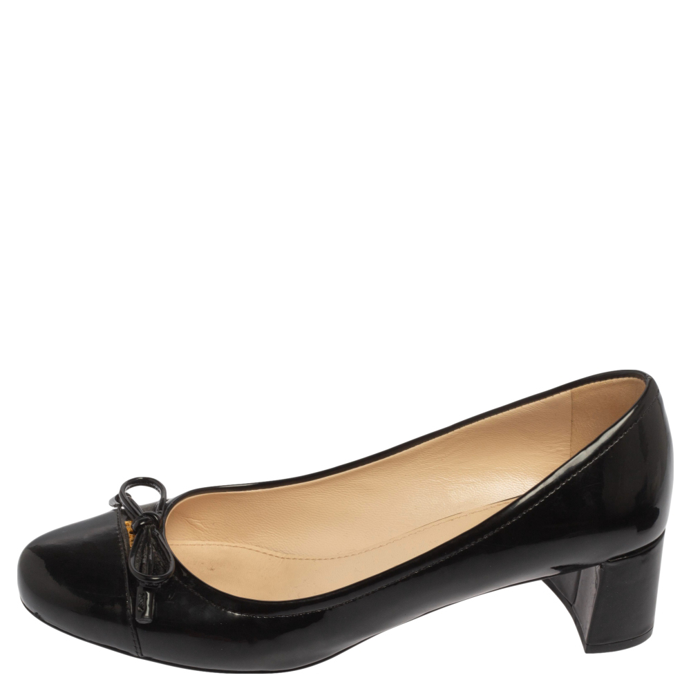 

Prada Sport Black Patent Leather Bow Block Heel Pumps Size