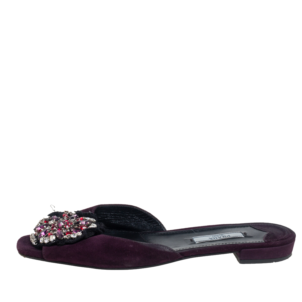 

Prada Purple Suede Crystal Embellished Flats Size