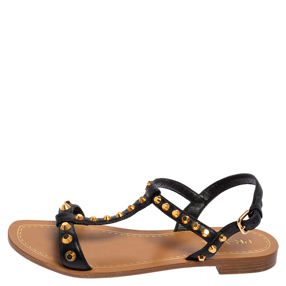 

Prada Black Leather Studded T Strap Flat Sandals Size