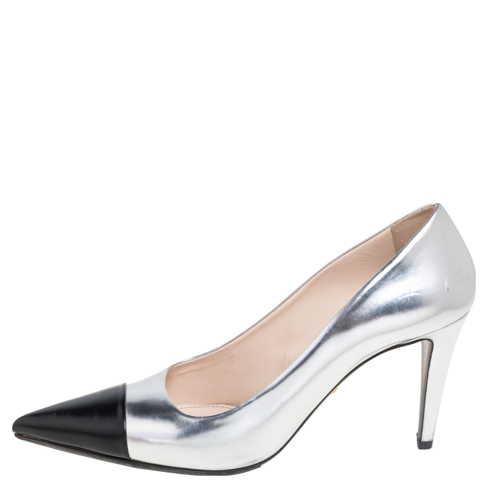 

Prada Black/Silver Leather Pointed Toe Pumps Size