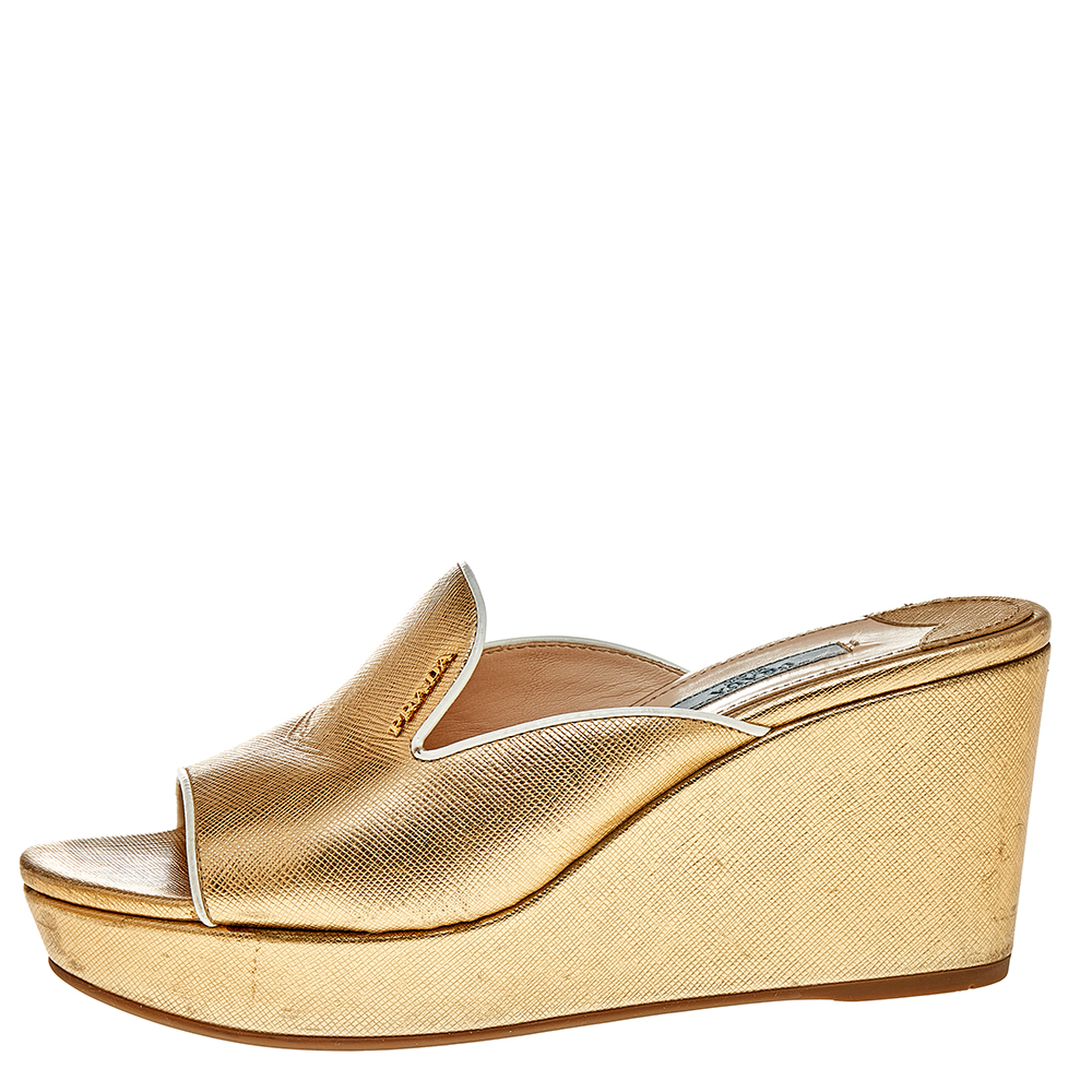 

Prada Gold Saffiano Lux Leather Wedge Platform Slide Sandals Size