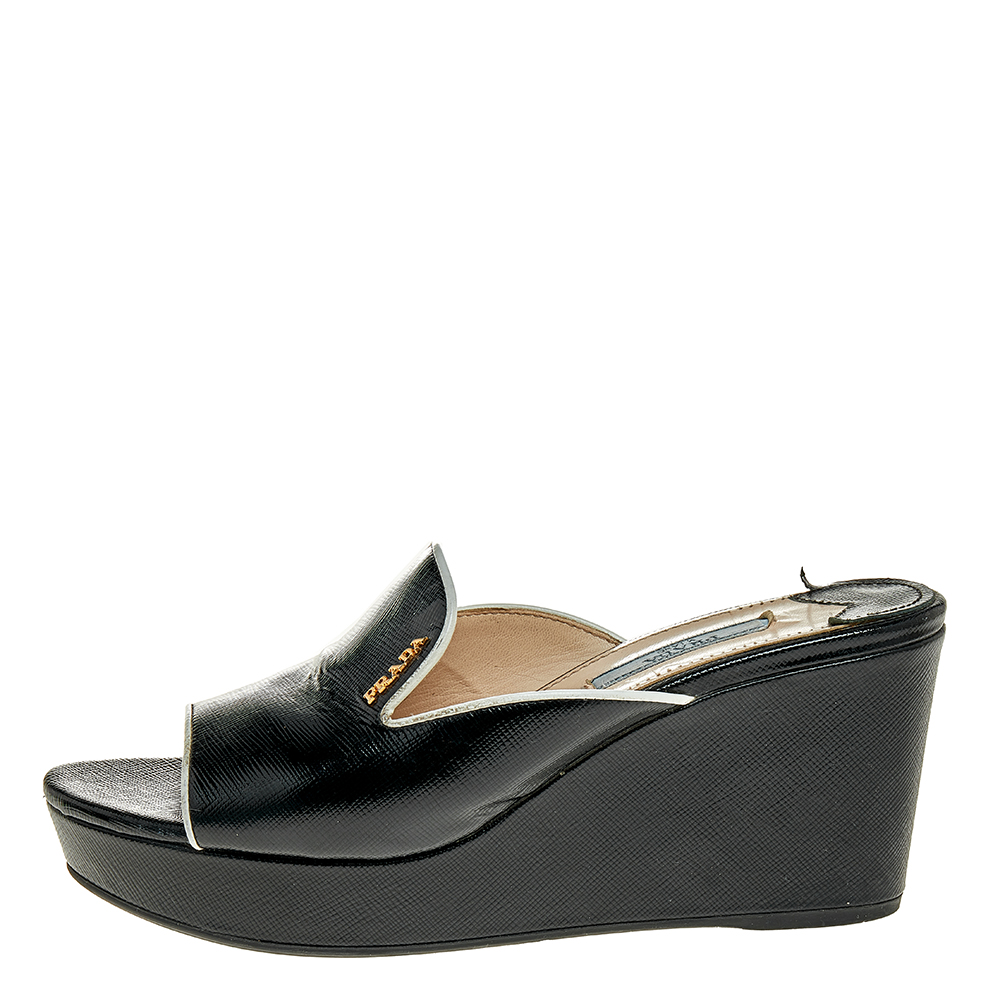 

Prada Black Saffiano Patent Leather Platform Wedge Slide Sandals Size