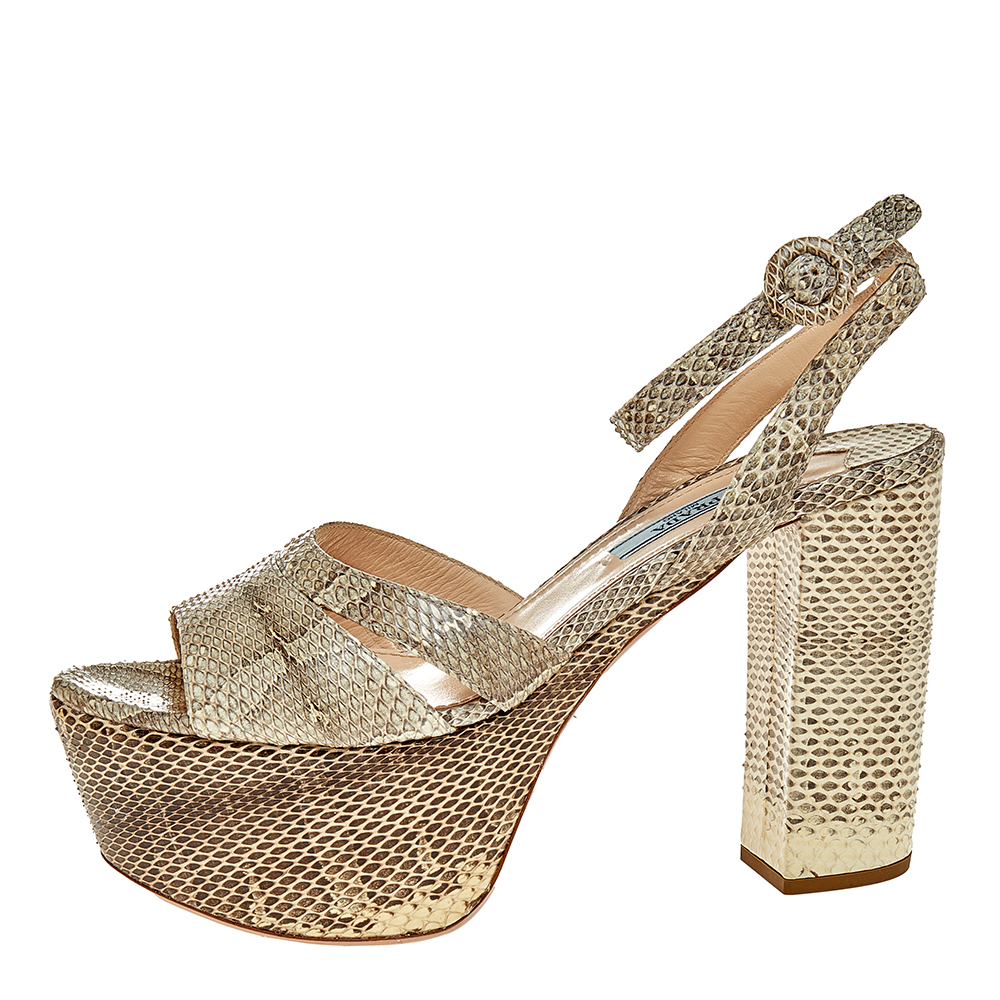 

Prada Beige/Brown Snakeskin Platform Ankle Strap Sandals Size