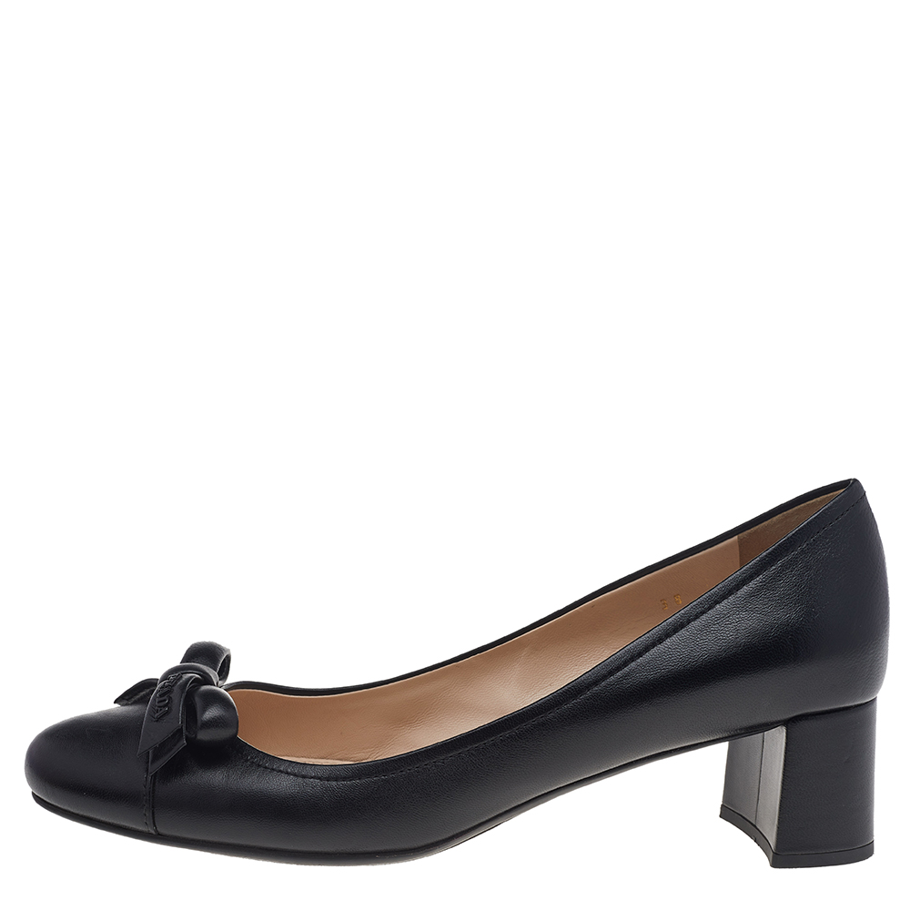 

Prada Black Leather Bow Block Heel Pumps Size