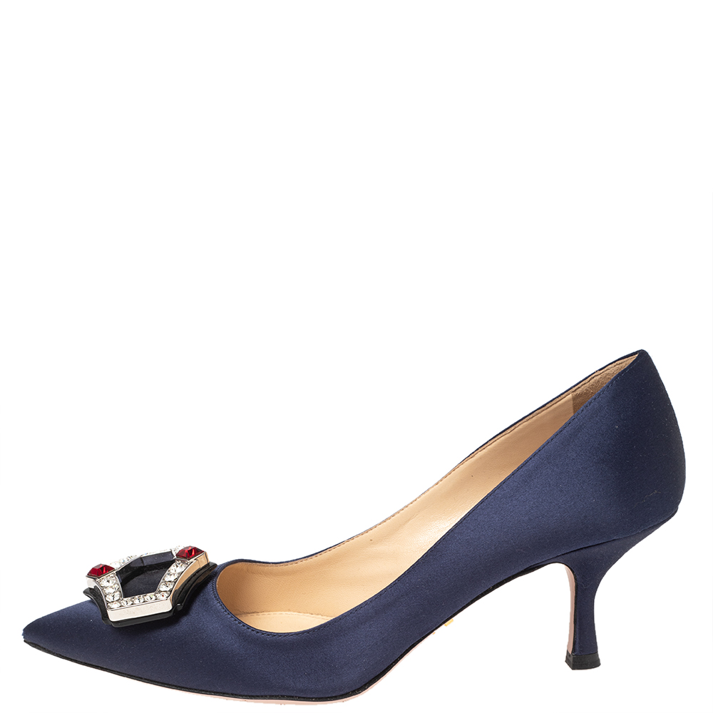 

Prada Blue Satin Crystal Embellished Pointed Toe Pumps Size