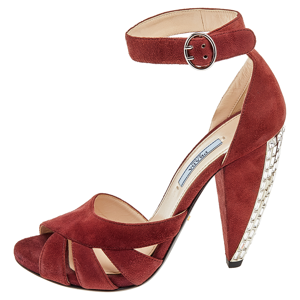 

Prada Brown Suede Crystal Heel Ankle Strap Sandals Size