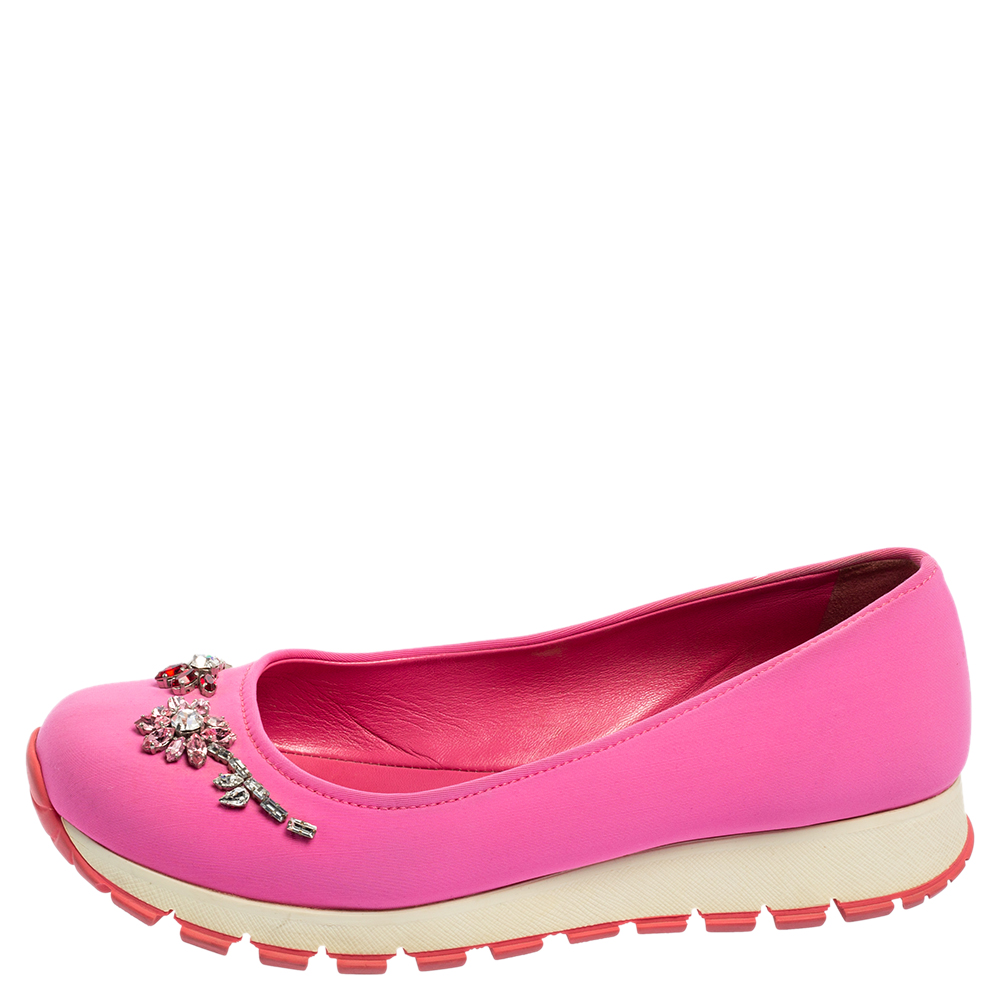 

Prada Pink Neoprene Crystal Embellished Slip On Sneakers Size