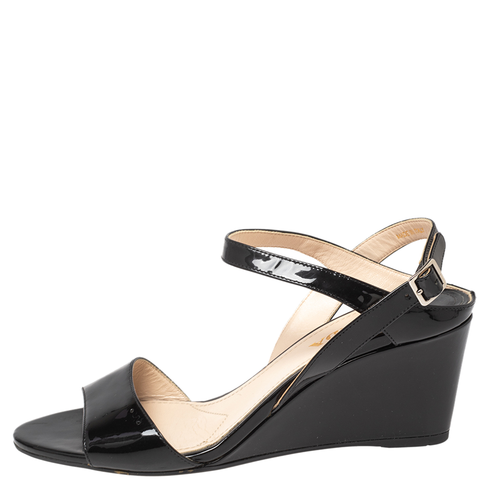 

Prada Black Patent Leather Wedge Slingback Sandals Size