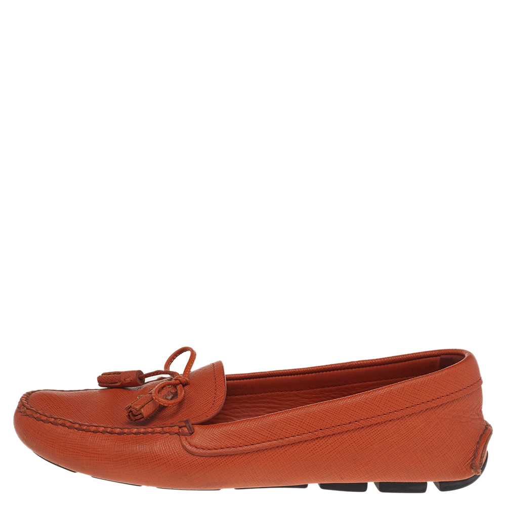 

Prada Orange Leather Bow Slip On Loafers Size