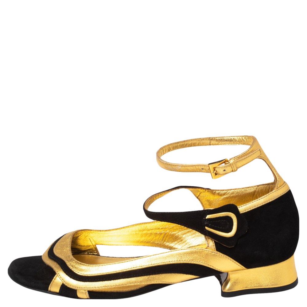 

Prada Gold/Black Leather And Suede Ankle Strap Sandals Size