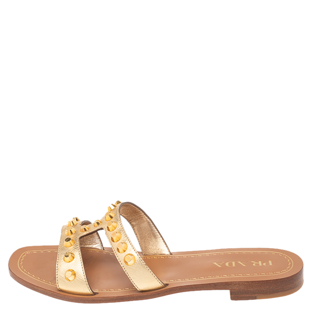

Prada Metallic Gold Leather Studded Flat Slide Size