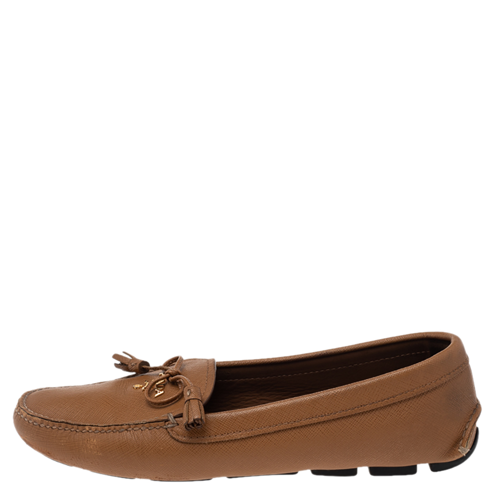 Prada Tan Saffiano Leather Bow Loafers Size