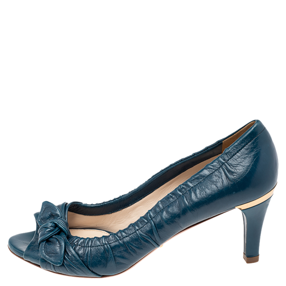 

Prada Teal Blue Leather Bow Peep Toe Pumps Size