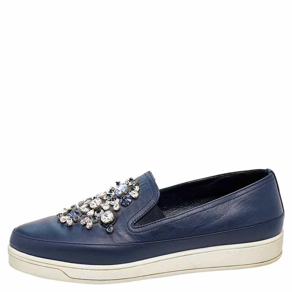 

Prada Blue Leather Embellished Slip On Sneakers Size