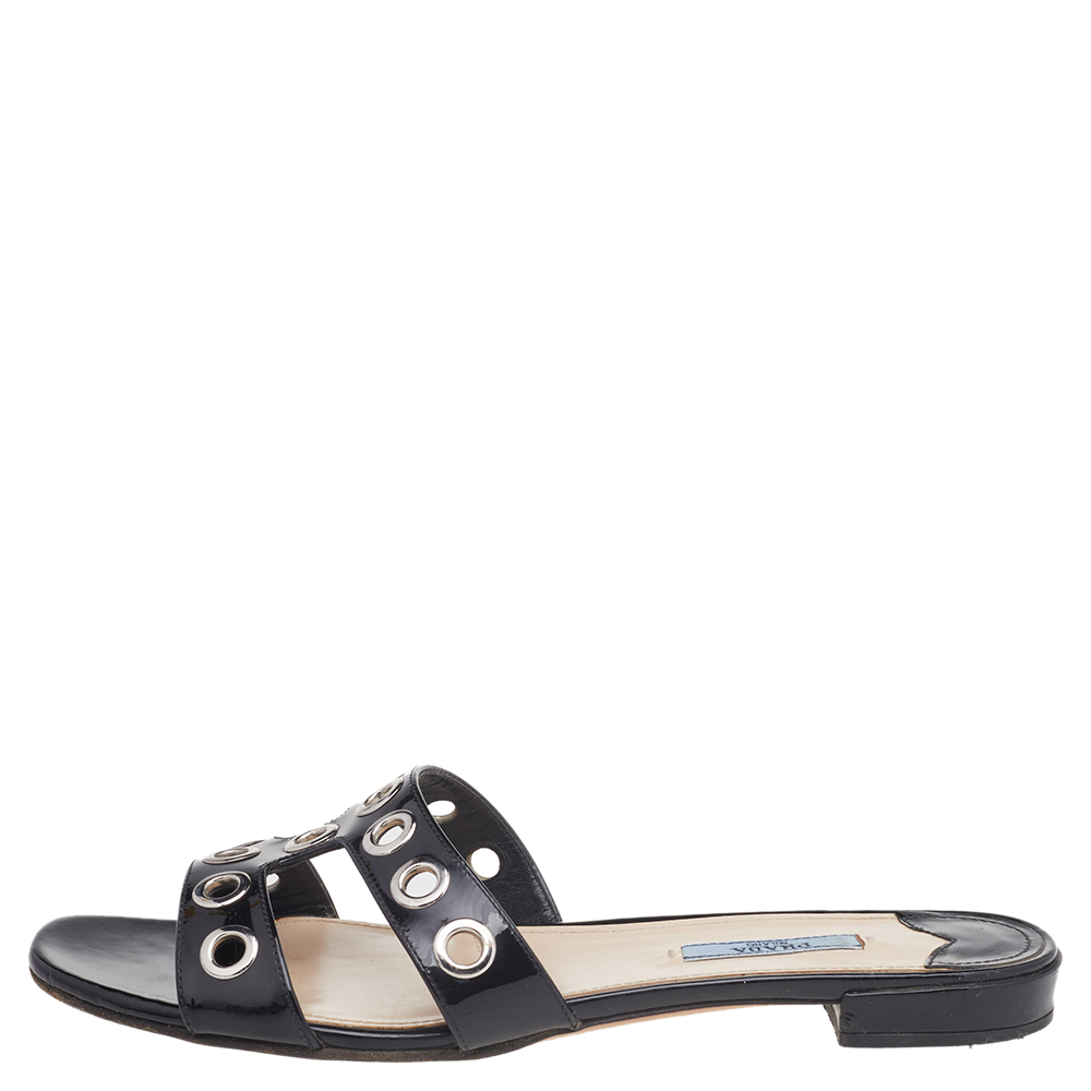 

Prada Black Patent Leather Eyelet Detail Flat Slides Size