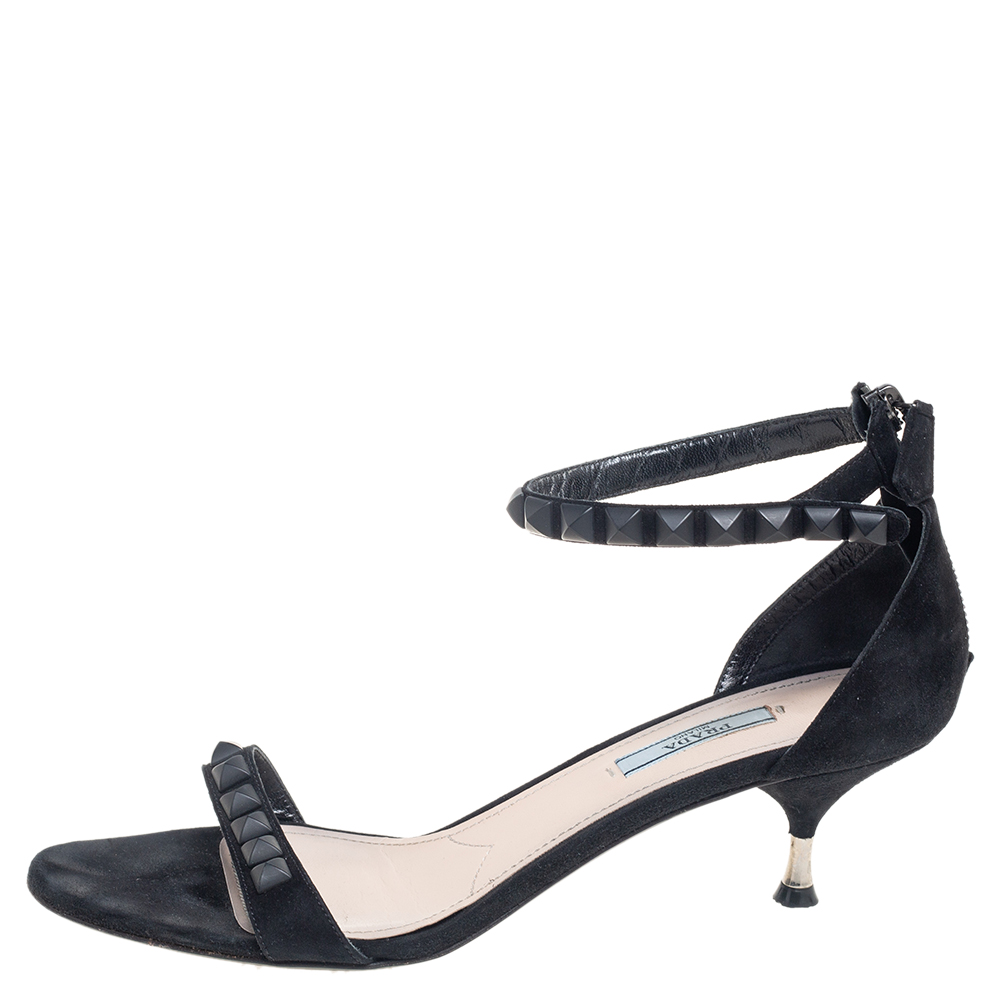 

Prada Black Suede Stud Embellished Ankle Strap Sandals Size