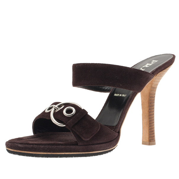 Pre Owned Prada Brown Suede Buckle Detail Slides Size 40