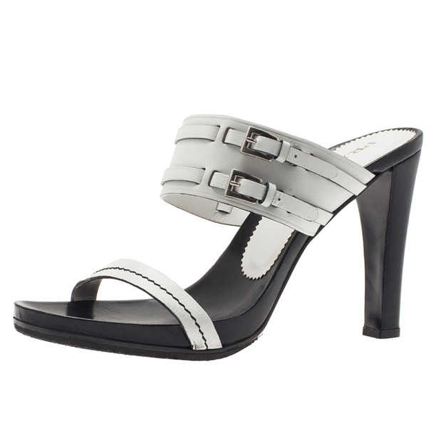 Pre Owned Prada White Leather Buckle Detail Slides Size 40