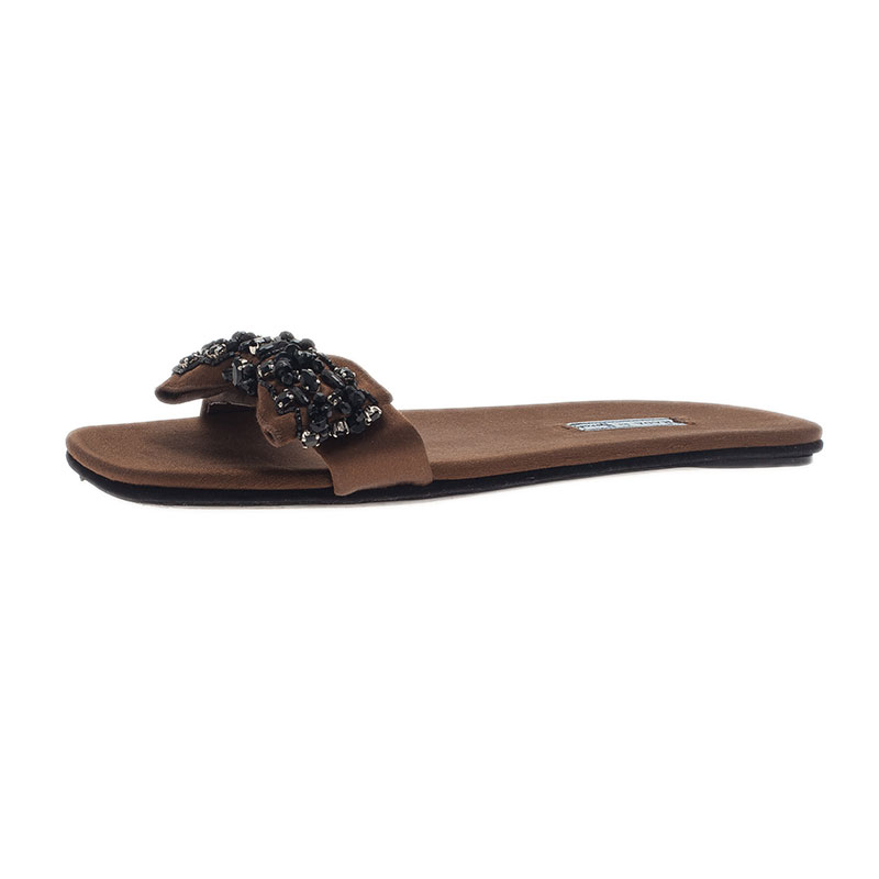 مملوكة مسبقًا Prada for Harrods Brown Satin Embellished Bow Slides Size 39