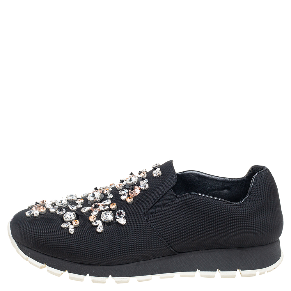 

Prada Black Nylon Crystal Embellished Slip On Sneakers Size