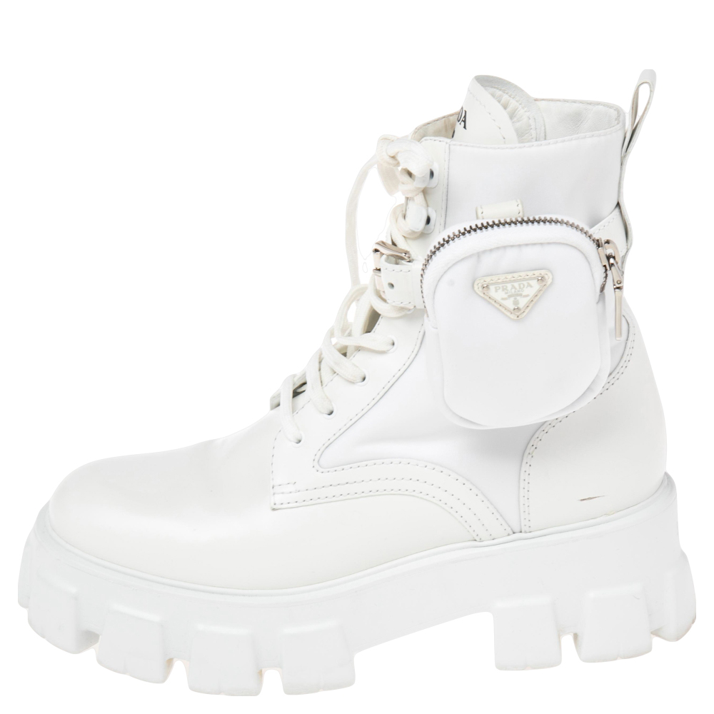 

Prada White Leather And Nylon Monolith Ankle Boots