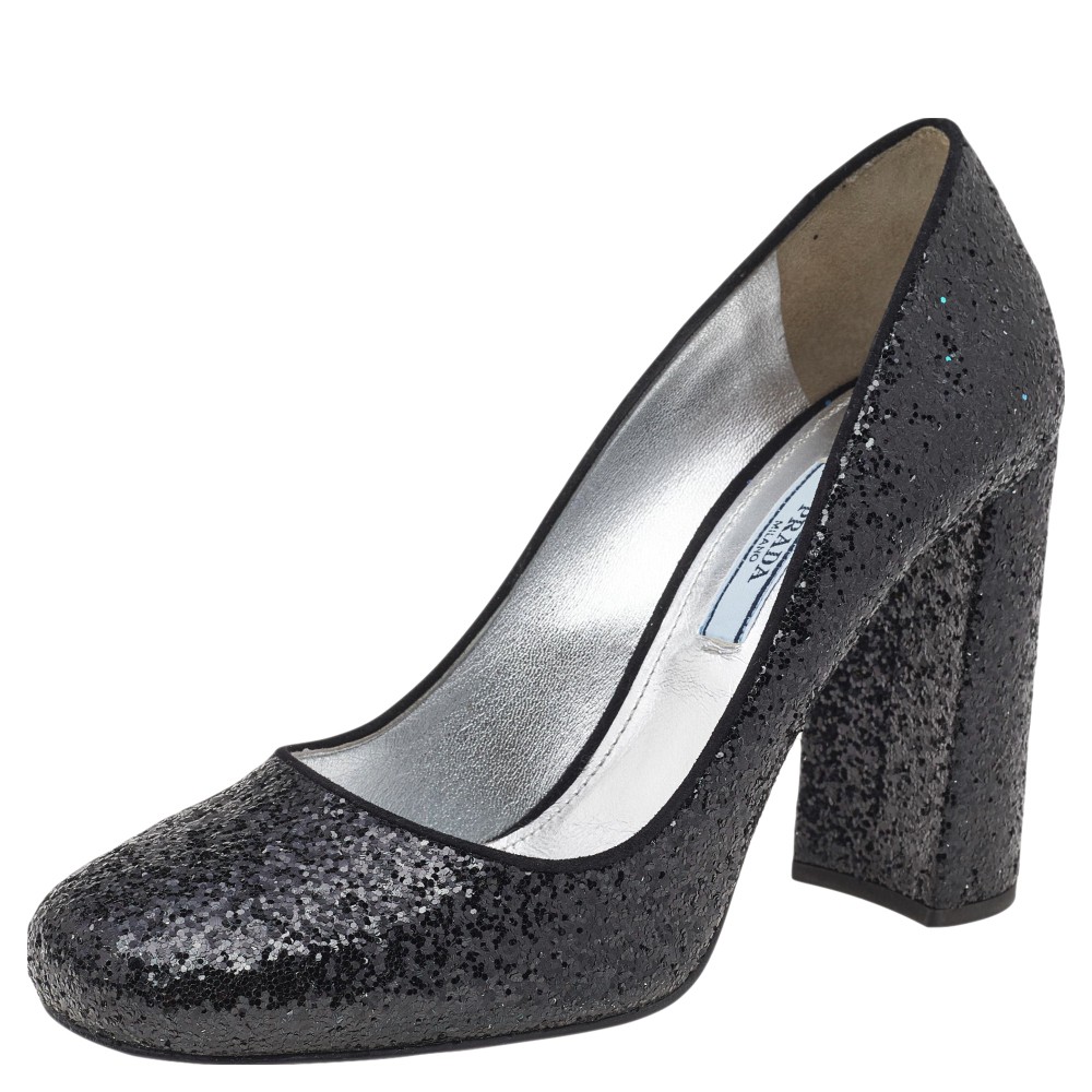 Prada Black Glitter Heel Pumps Size 37.5 | ModeSens
