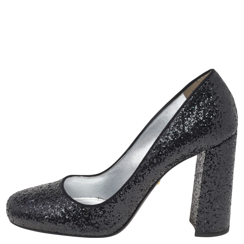 

Prada Black Glitter Block Heel Pumps Size