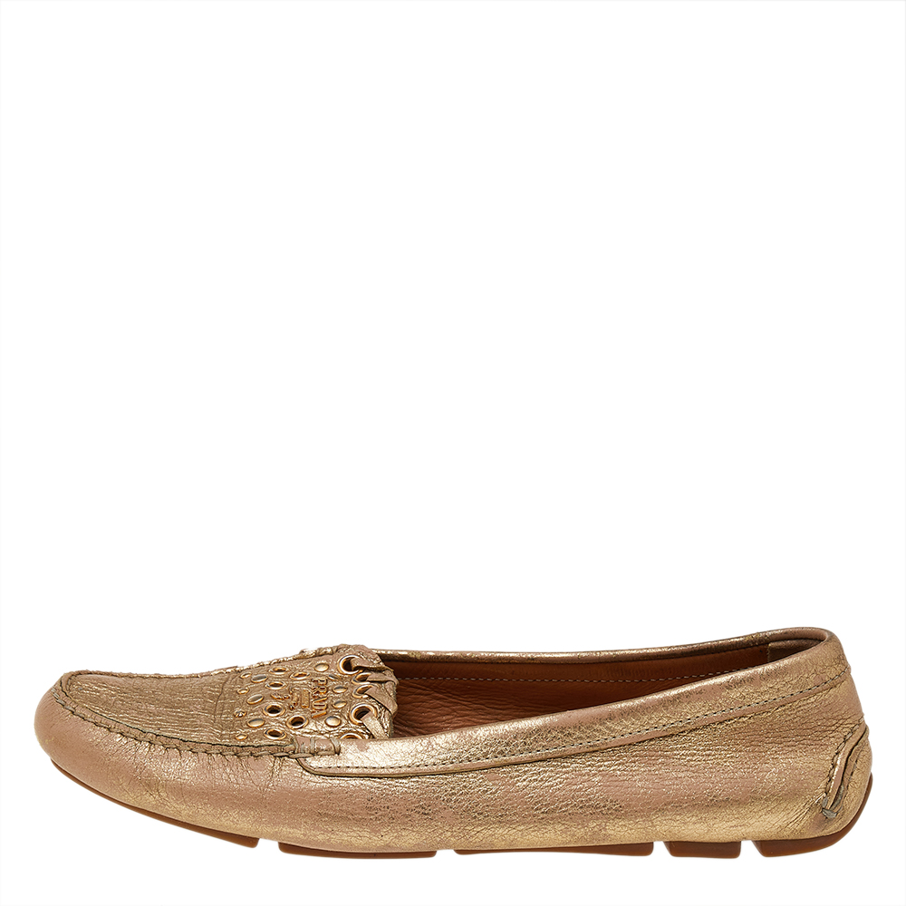 

Prada Gold Leather Logo Slip On Loafers Size