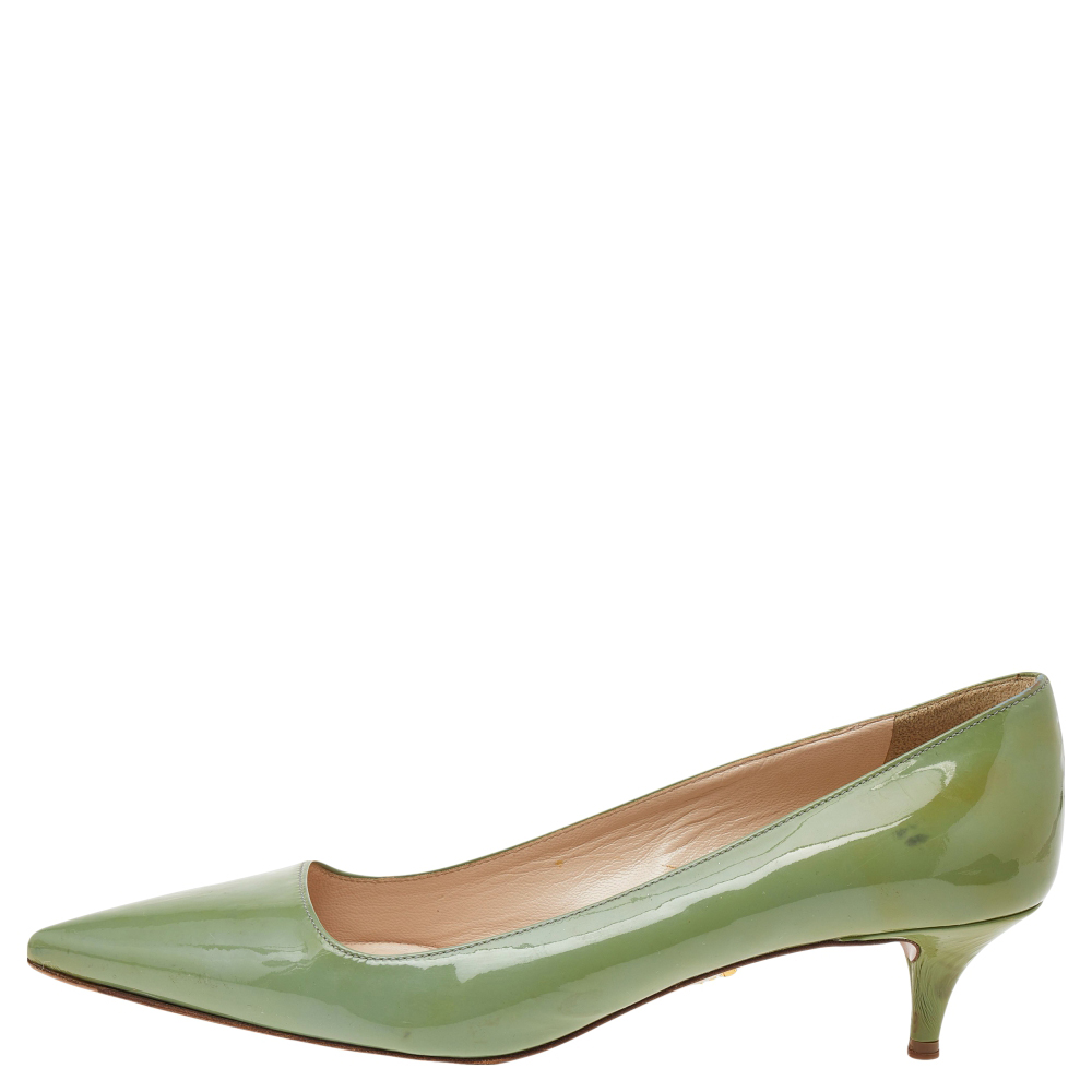 

Prada Green Patent Leather Kitten Heel Pointed Toe Pumps Size